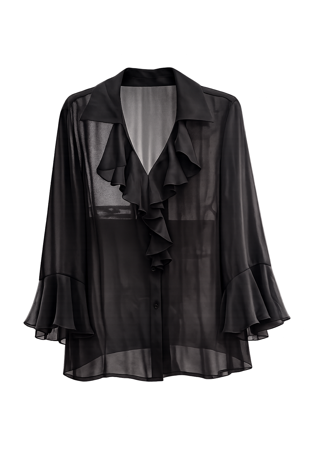 Blusa Negra Semitransparente Volantes Cascada Mangas Campana