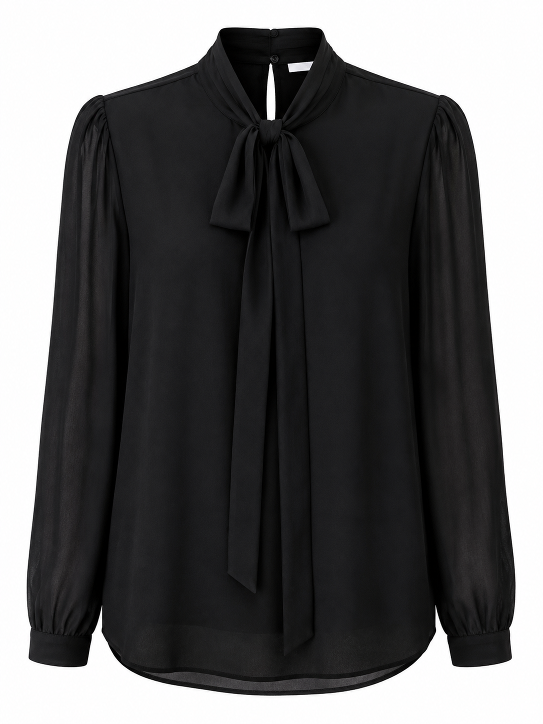 Blusa Negra Gasa Lazo Cuello Alto Manga Recta