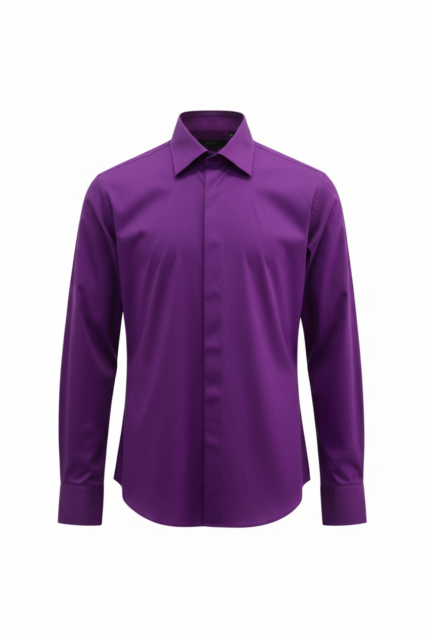 Camisa vintage violeta morada manga larga cuello spread ghost mannequin fondo blanco