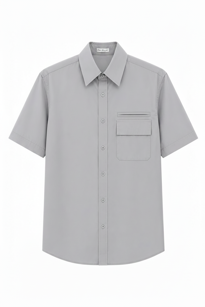 Camisa vintage gris claro manga corta bolsillo rectangular ghost mannequin fondo blanco