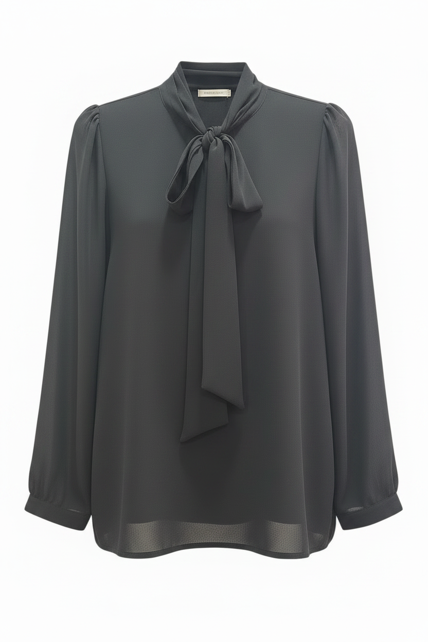 Blusa vintage negra gasa manga larga lazo lavallière cuello alto ghost mannequin fondo blanco