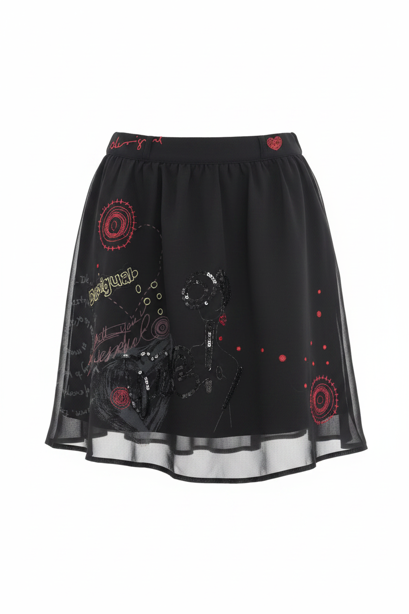 Falda vuelo negra Desigual bordados estampado artístico - Ghost Mannequin