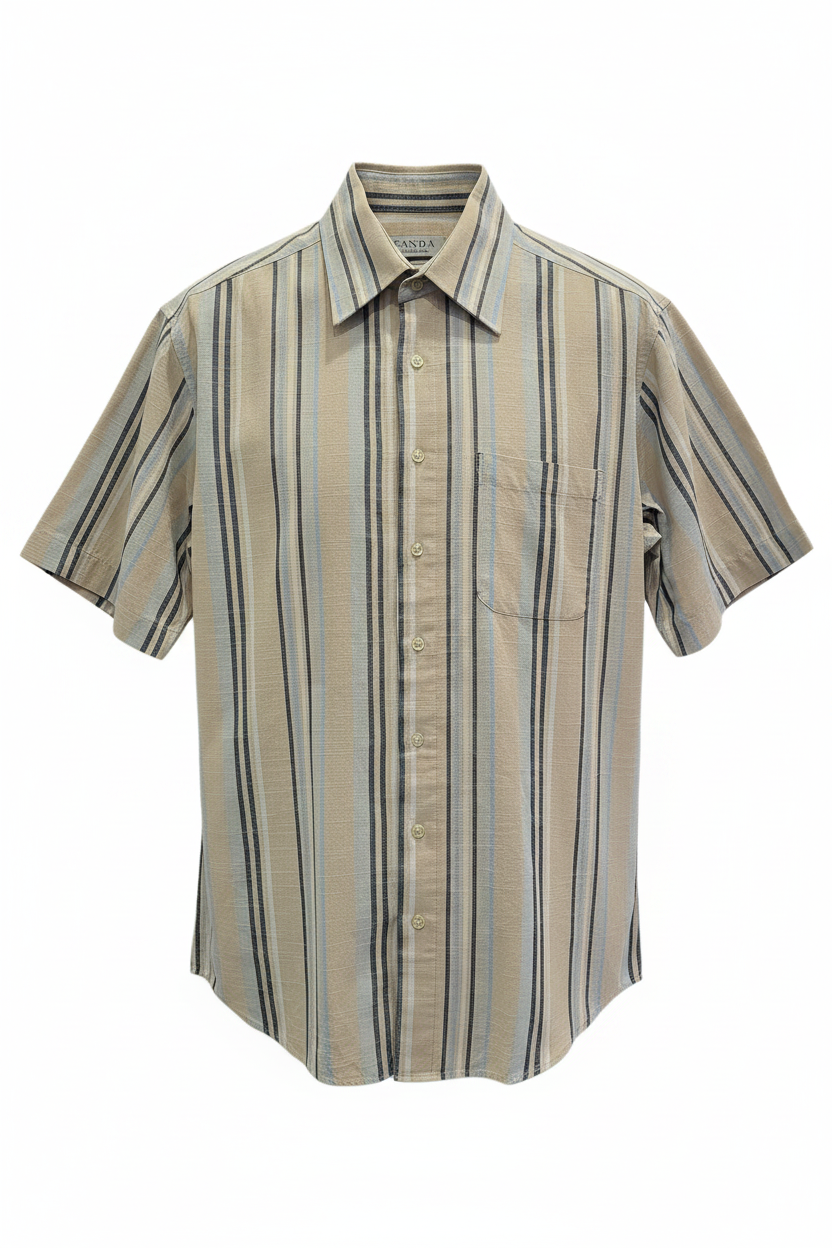 Camisa vintage Canda rayas beige gris azul manga corta con bolsillo