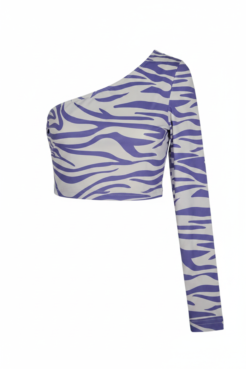 Top crop vintage estampado zebra lila un hombro manga larga asimétrico