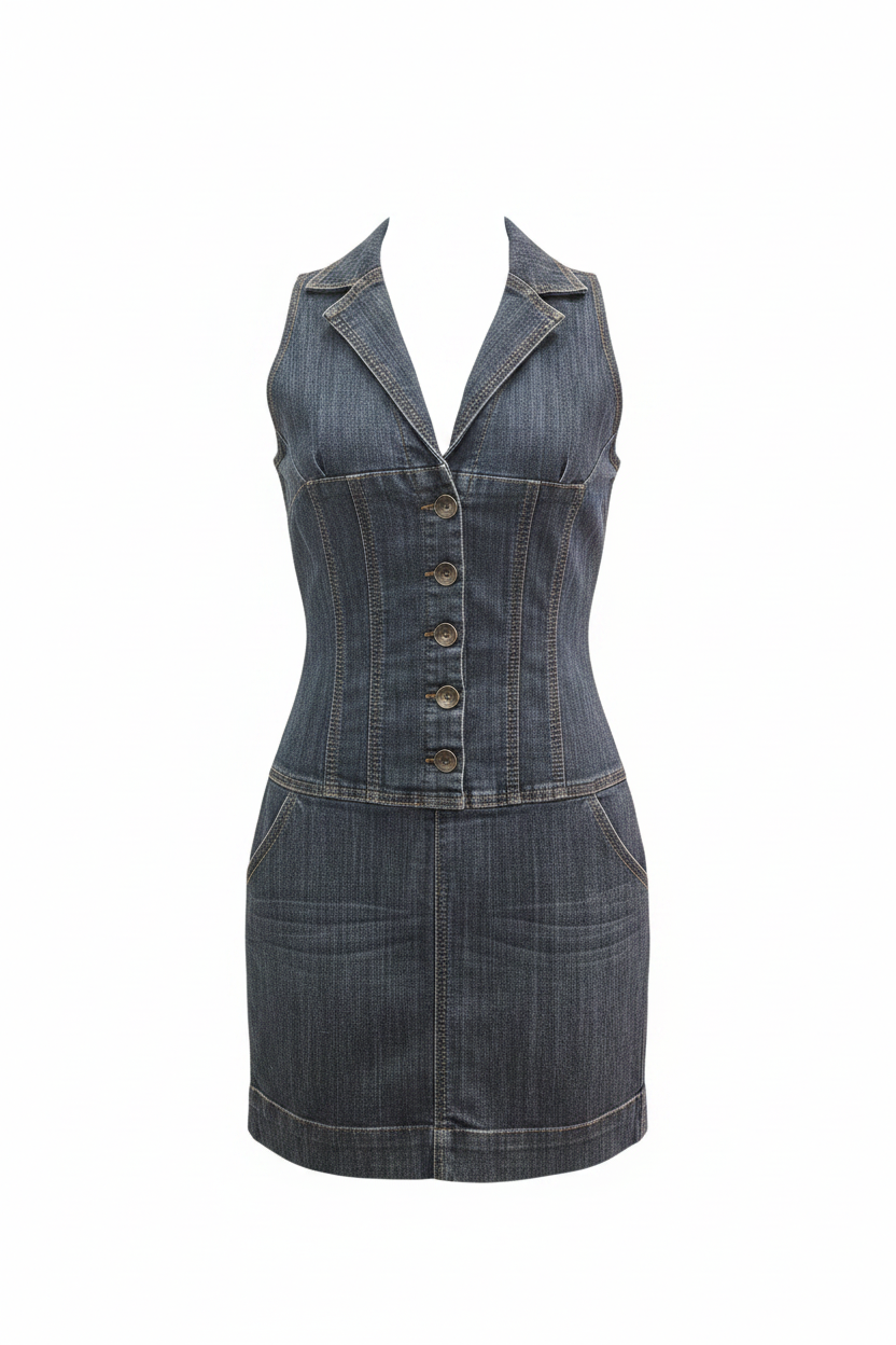 Vestido vaquero sin mangas denim oscuro ghost mannequin fondo blanco