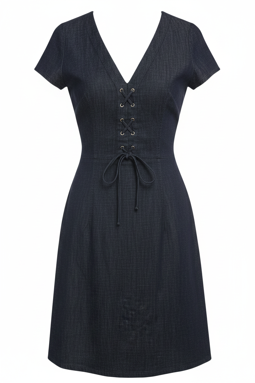 Vestido negro lino escote V cordones corsé manga corta Zara - Ghost Mannequin