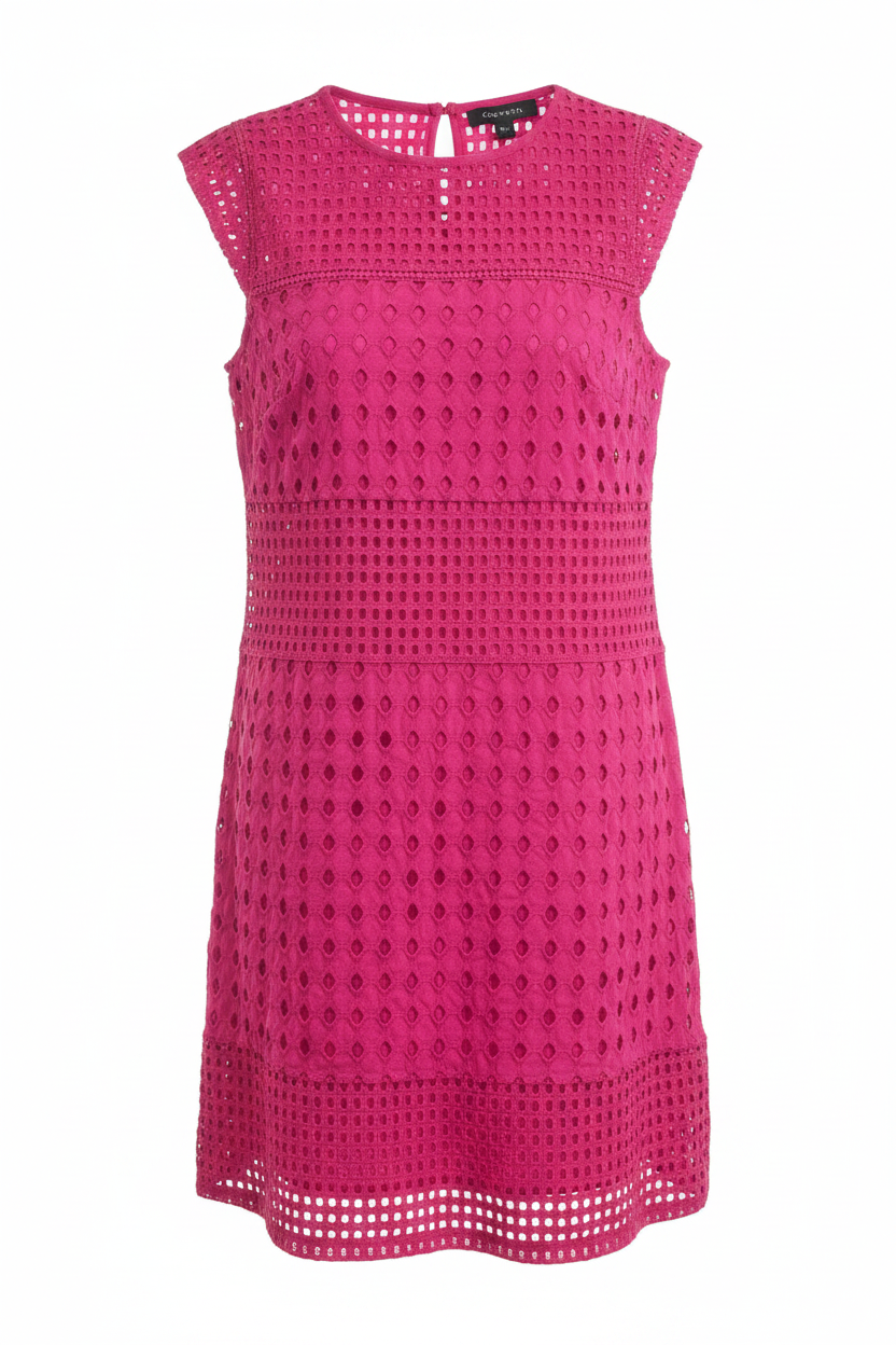 Vestido rosa fucsia bordado inglés calado paneles Cortefiel - Ghost Mannequin