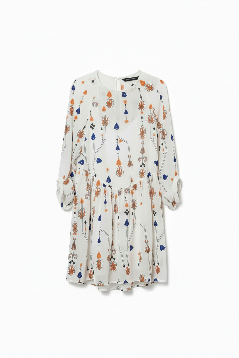 Vestido folk floral Zara XS - ghost mannequin vista frontal