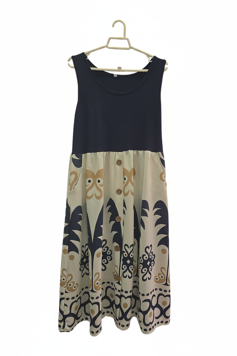 Vestido Midi Bicolor Estampado Étnico Azul y Crema