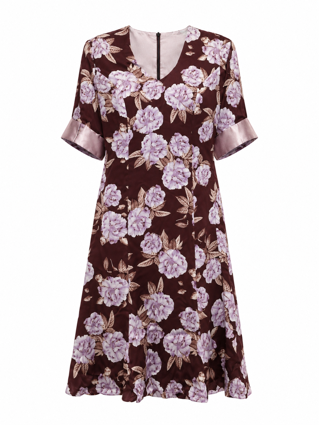 Vestido Marron Floral Peonías Lila Manga Corta Seda Sin Marca