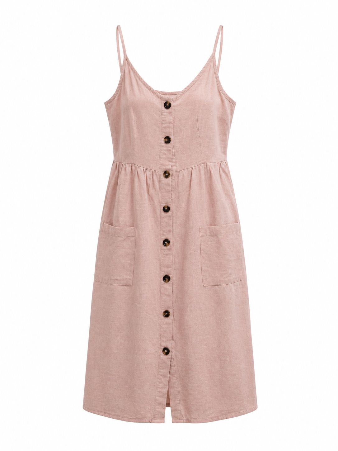 Vestido Rosa Palo Lino Botones Tirantes Bolsillos Shein