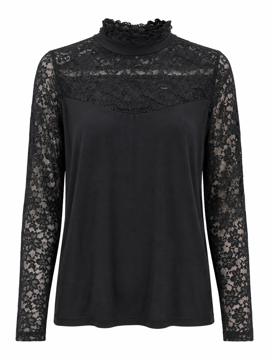 Top Negro Encaje Floral Canesú Manga Cuello Alto