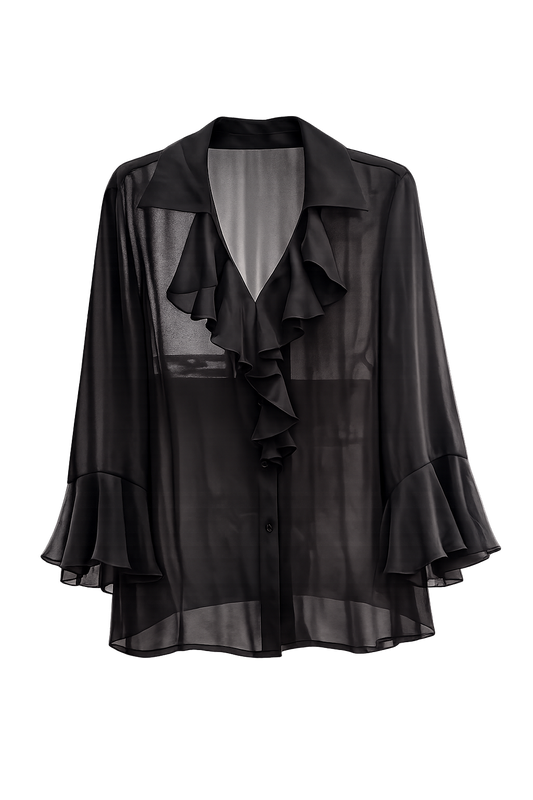 Blusa Negra Semitransparente Volantes Cascada Mangas Campana