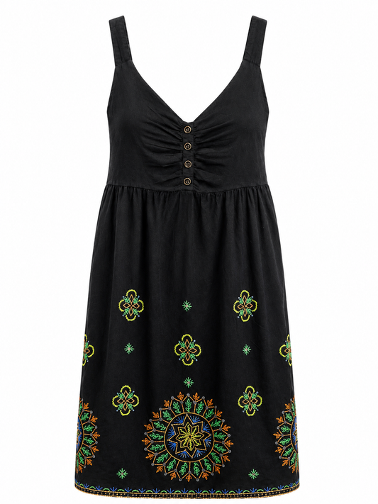 Vestido Negro Bordado Étnico Multicolor Tirantes Imperio Sin Marca