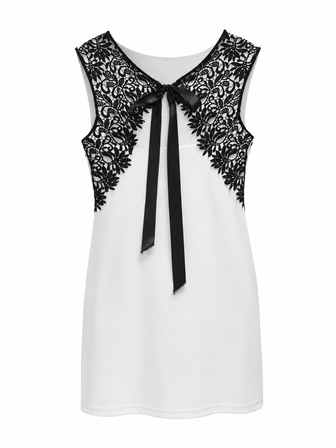 Vestido Blanco Mini Encaje Negro Lazo Satén Sin Marca