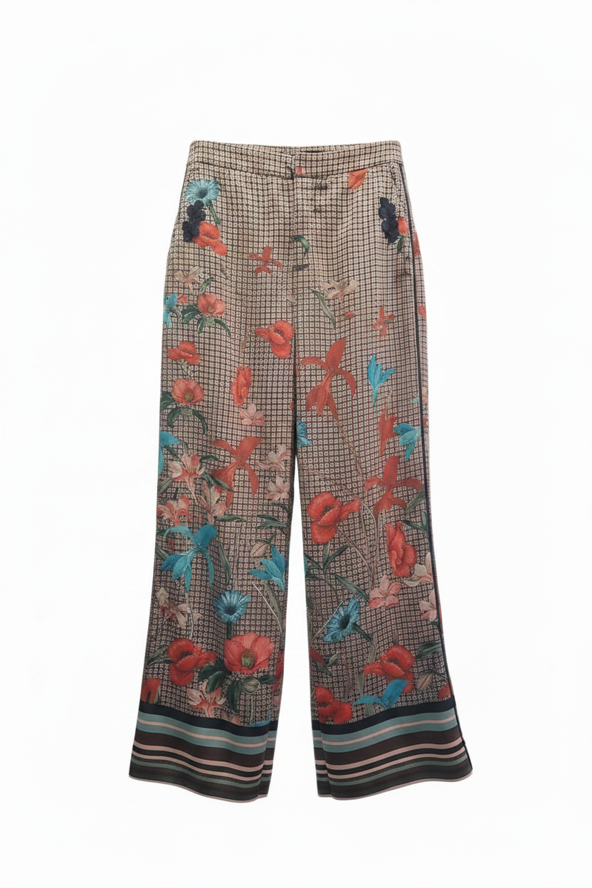 Pantalón palazzo vintage estampado floral rojo teal sobre cuadros vichy borde rayas ghost mannequin fondo blanco