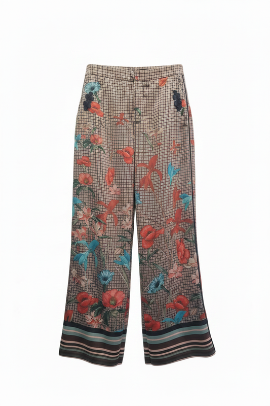 Pantalón palazzo vintage estampado floral rojo teal sobre cuadros vichy borde rayas ghost mannequin fondo blanco