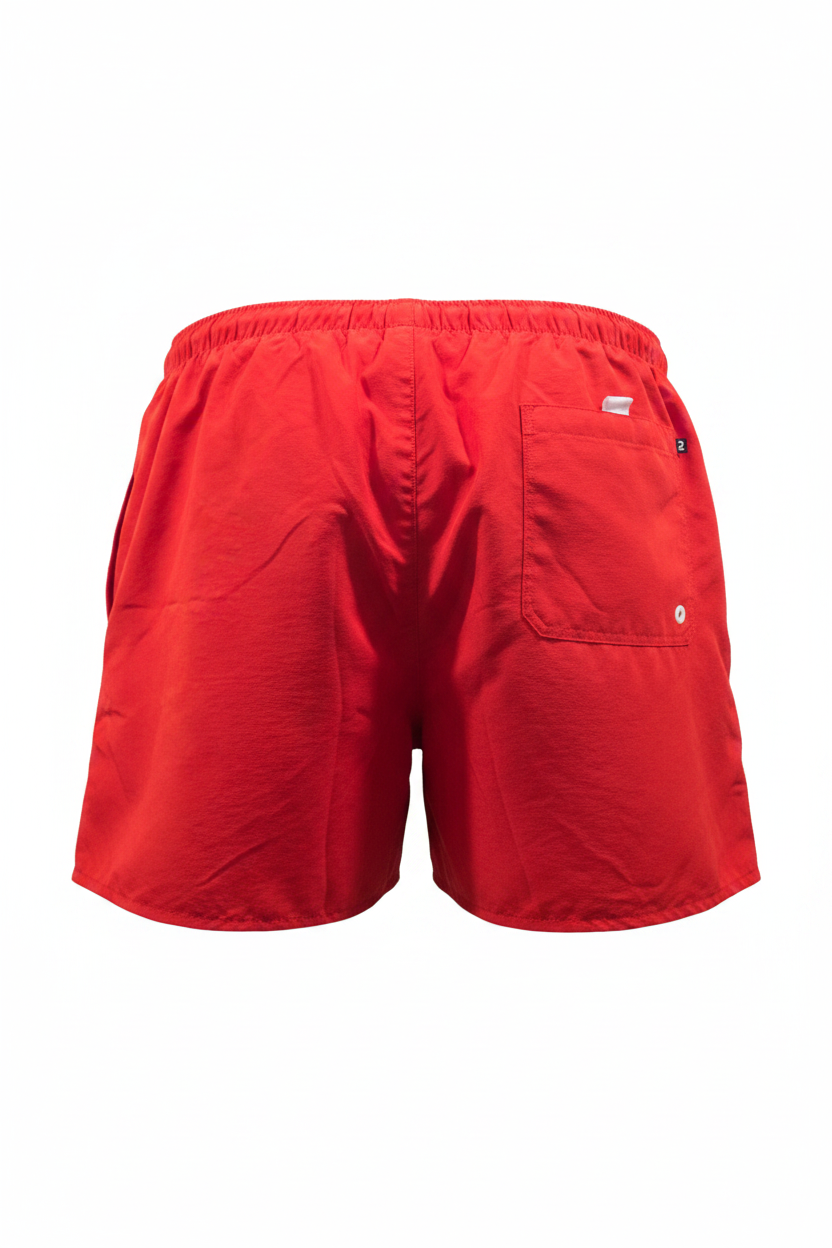 Bañador vintage rojo Olaian vista trasera bolsillo trasero ghost mannequin fondo blanco