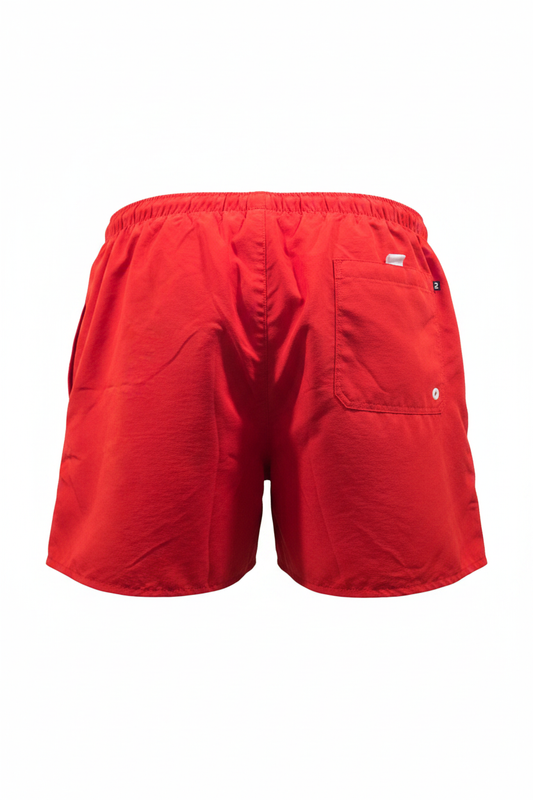 Bañador vintage rojo Olaian vista trasera bolsillo trasero ghost mannequin fondo blanco