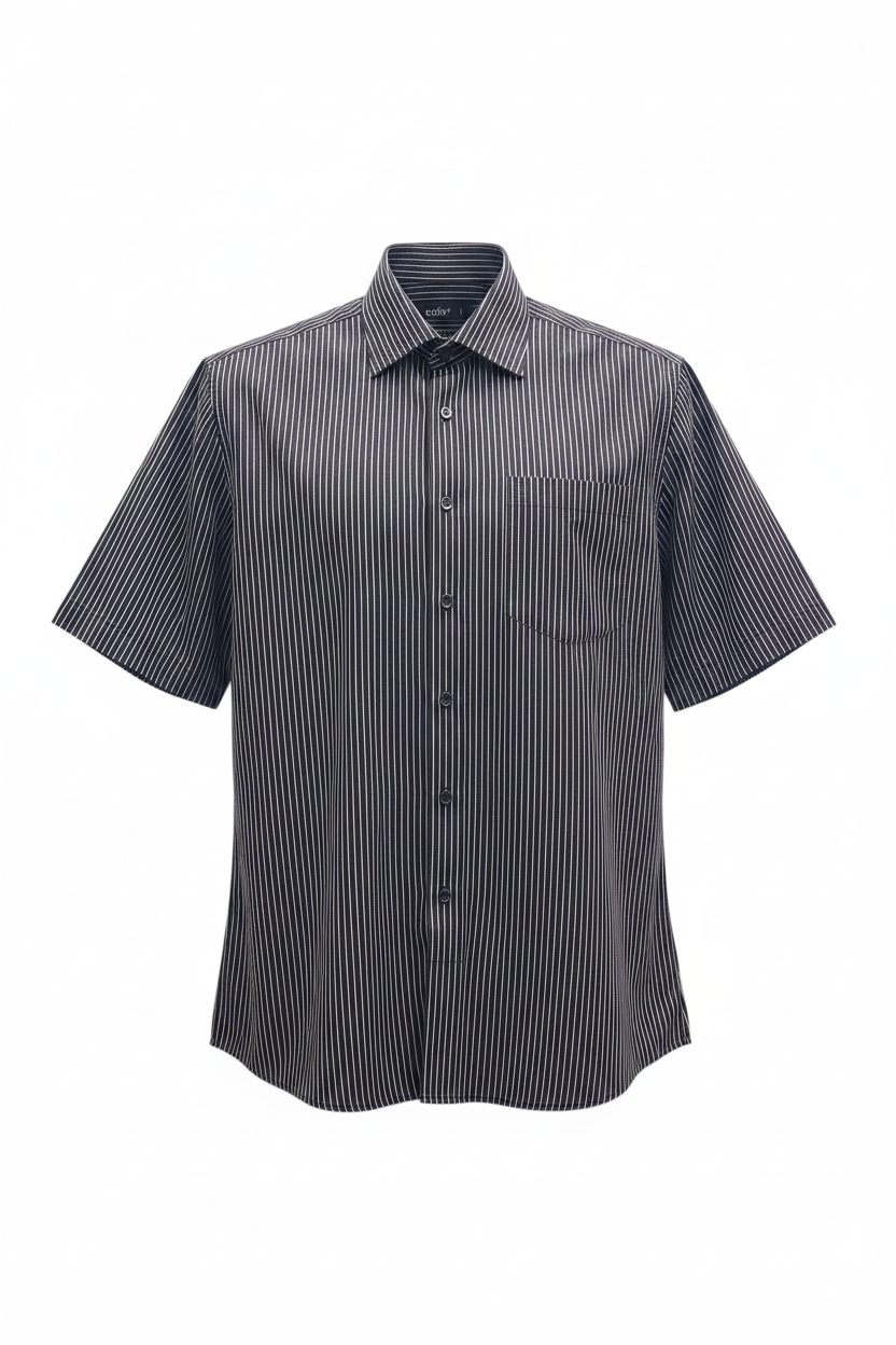 Camisa vintage rayas finas azul marino blanco manga corta con bolsillo