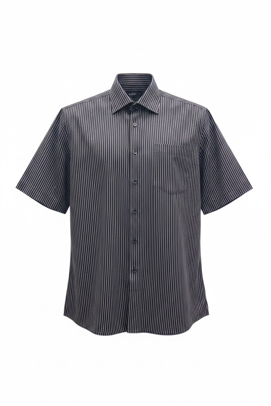 Camisa vintage rayas finas azul marino blanco manga corta con bolsillo