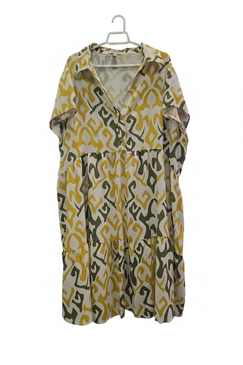 Vestido midi estampado geométrico mostaza verde oliva y crema con cuello camisa y falda por niveles