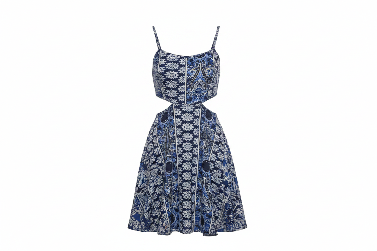 Vestido azul floral cut-out - ghost mannequin