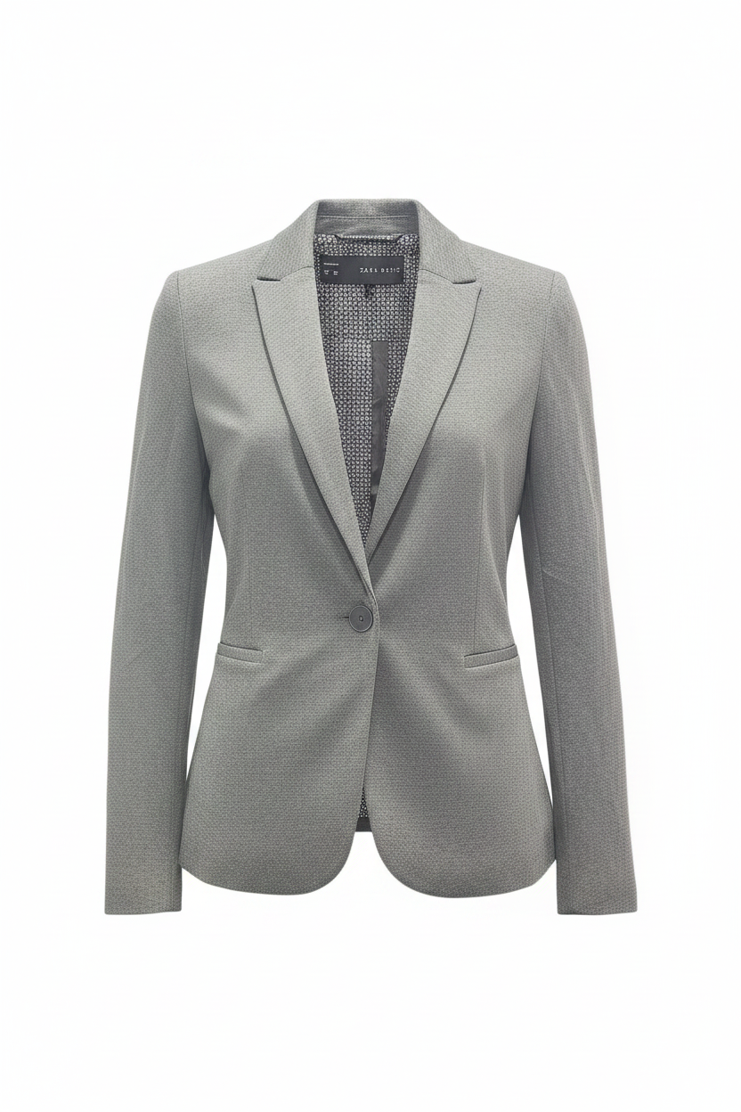 Blazer vintage gris jaspeado Zara Basic solapa muesca un botón ghost mannequin fondo blanco