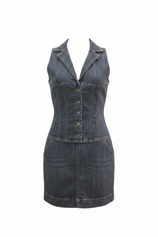 Vestido vaquero sin mangas denim oscuro ghost mannequin fondo blanco