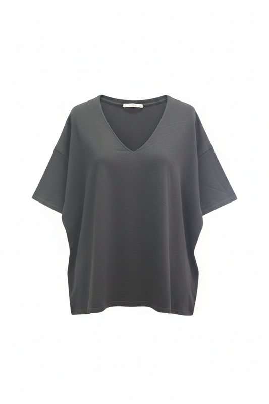 Camiseta vintage oversize gris oscuro cuello V manga corta