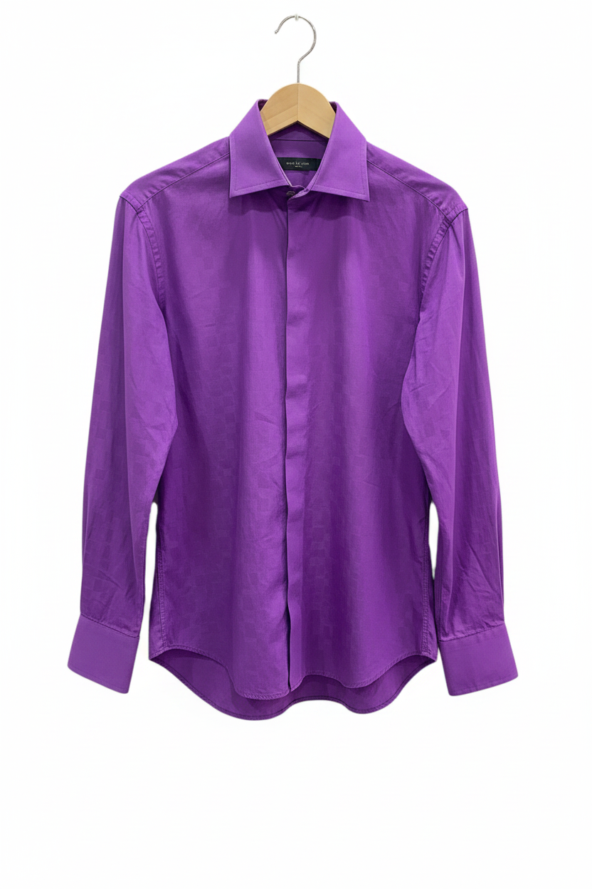 Camisa manga larga morada violeta cuello spread amplio placón oculto puños franceses planchada en percha