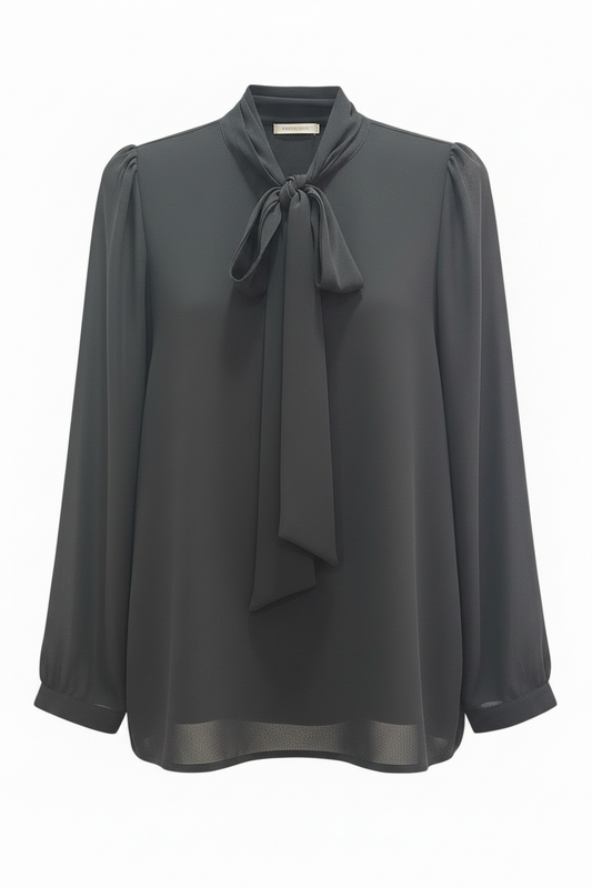 Blusa vintage negra gasa manga larga lazo lavallière cuello alto ghost mannequin fondo blanco