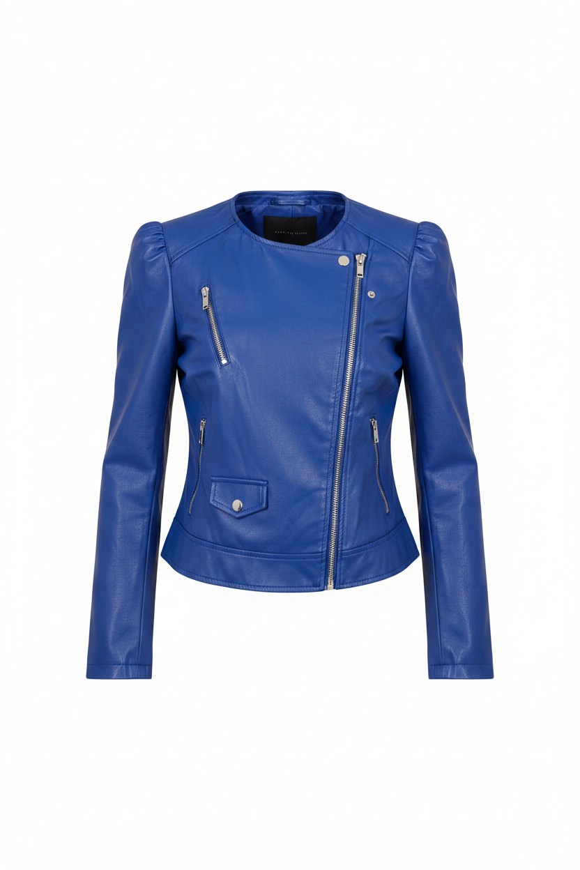 Cazadora biker vintage azul eléctrico polipiel cremalleras plateadas sin cuello ghost mannequin fondo blanco