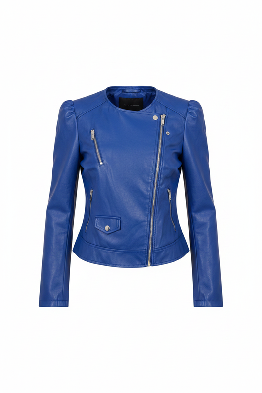 Cazadora biker vintage azul eléctrico polipiel cremalleras plateadas sin cuello ghost mannequin fondo blanco