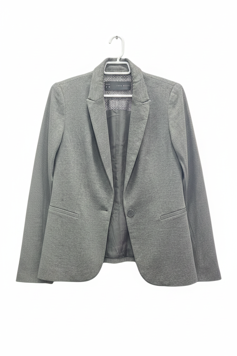 Blazer Zara Basic gris jaspeado un botón solapa muesca forro geométrico bolsillos con solapa manga larga slim fit planchado en percha