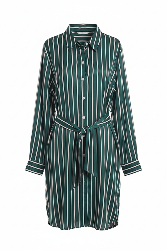 Vestido Camisero Verde Rayas Blancas Cinturón Amisu