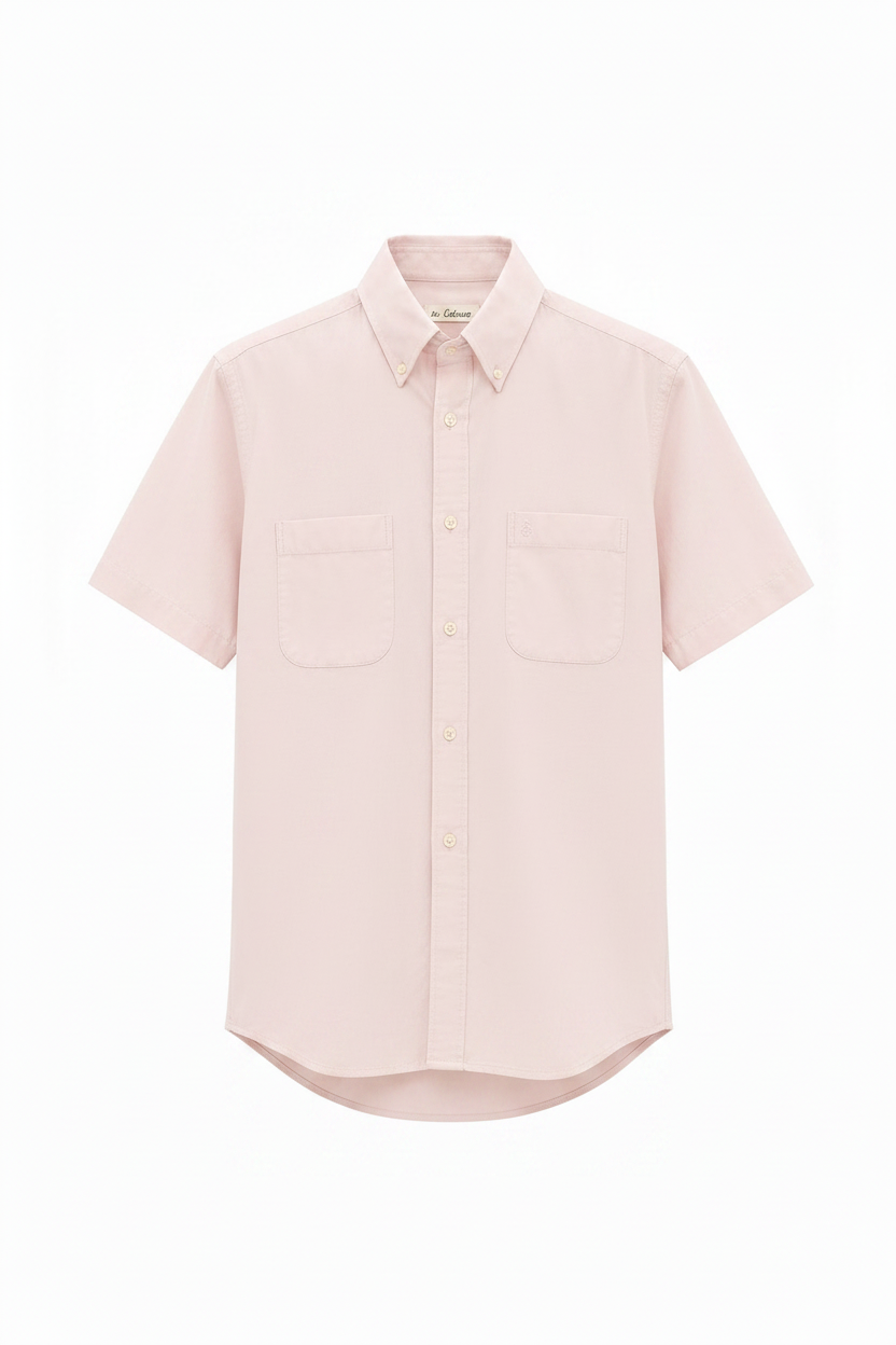 Camisa vintage manga corta rosa palo In Extenso cuello button-down doble bolsillo pecho ghost mannequin fondo blanco