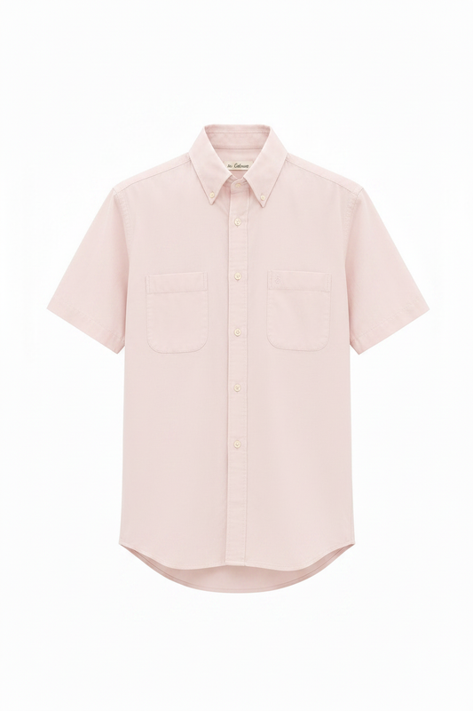 Camisa vintage manga corta rosa palo In Extenso cuello button-down doble bolsillo pecho ghost mannequin fondo blanco