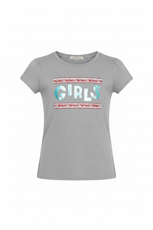 Camiseta infantil gris manga corta estampado GIRLS letras holográficas turquesa ghost mannequin fondo blanco