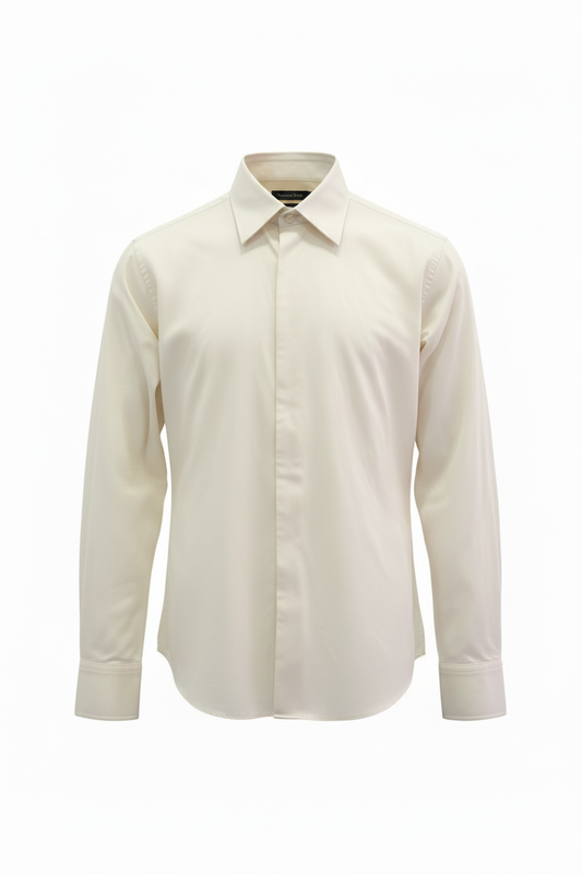 Camisa vintage Massimo Dutti crema satinada manga larga cuello spread ghost mannequin fondo blanco
