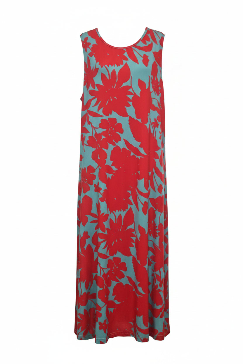 Vestido maxi sin mangas floral rojo y turquesa - Ghost Mannequin
