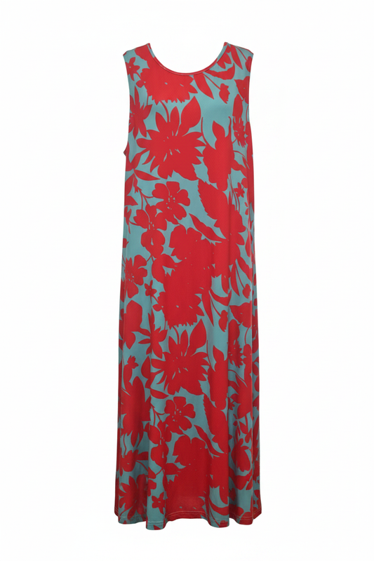 Vestido maxi sin mangas floral rojo y turquesa - Ghost Mannequin