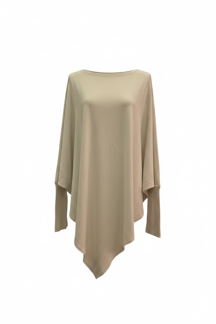 Top poncho vintage beige asimétrico manga murciélago ghost mannequin fondo blanco