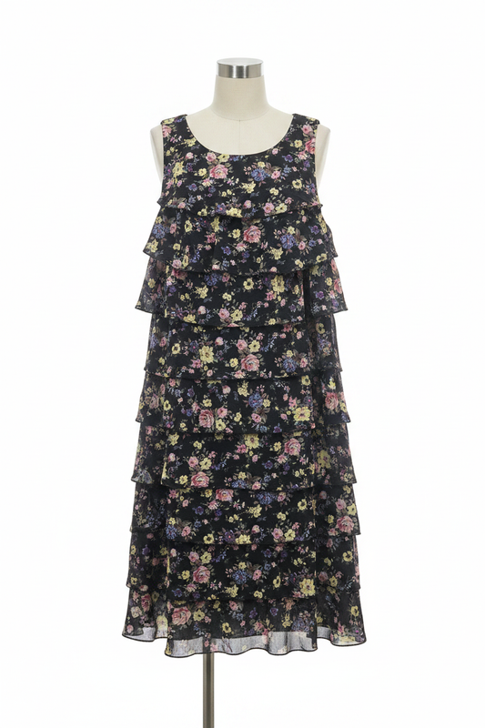Vestido negro floral multicapa volantes sin manga - Ghost Mannequin