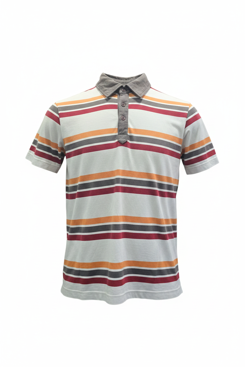 Polo vintage rayas horizontales multicolor gris rojo naranja manga corta ghost mannequin fondo blanco
