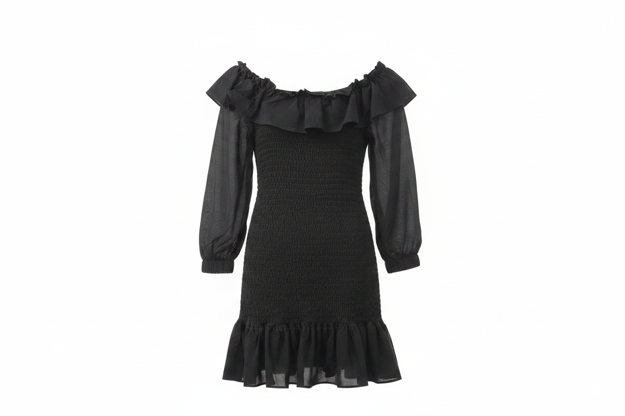 Vestido negro off-shoulder con volantes - ghost mannequin
