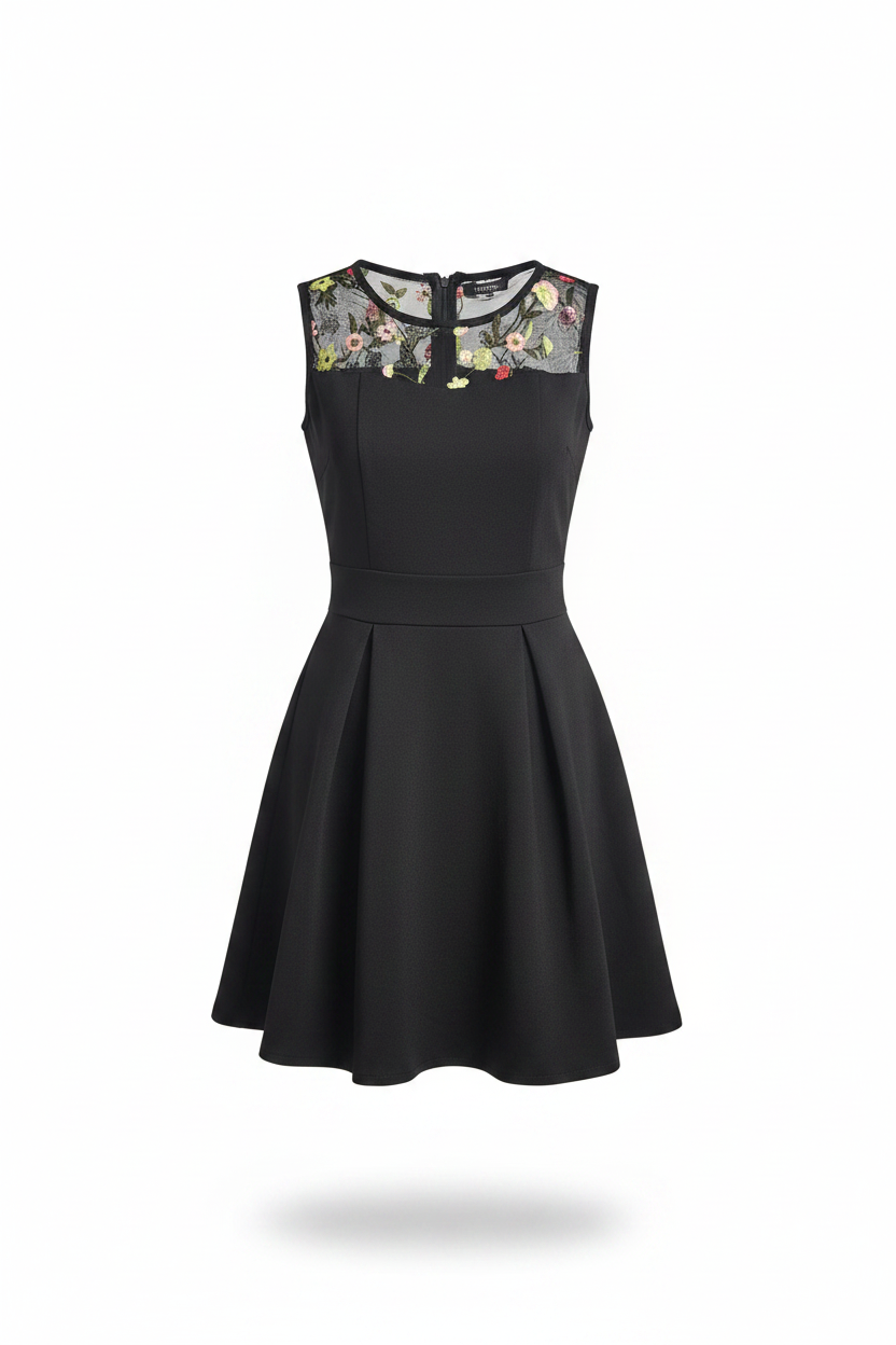 Vestido negro encaje floral ghost mannequin - frontal