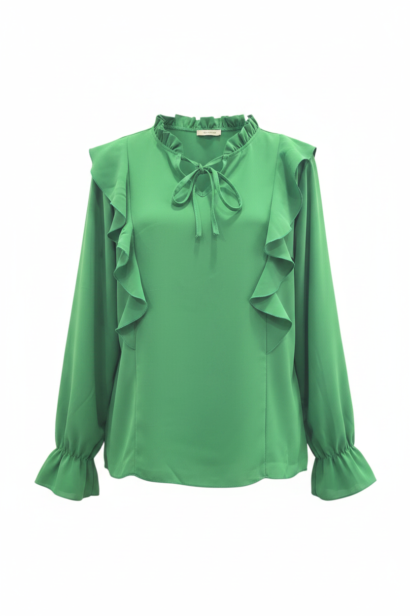 Blusa vintage verde chiffon con volantes lazo cuello y puños manga larga