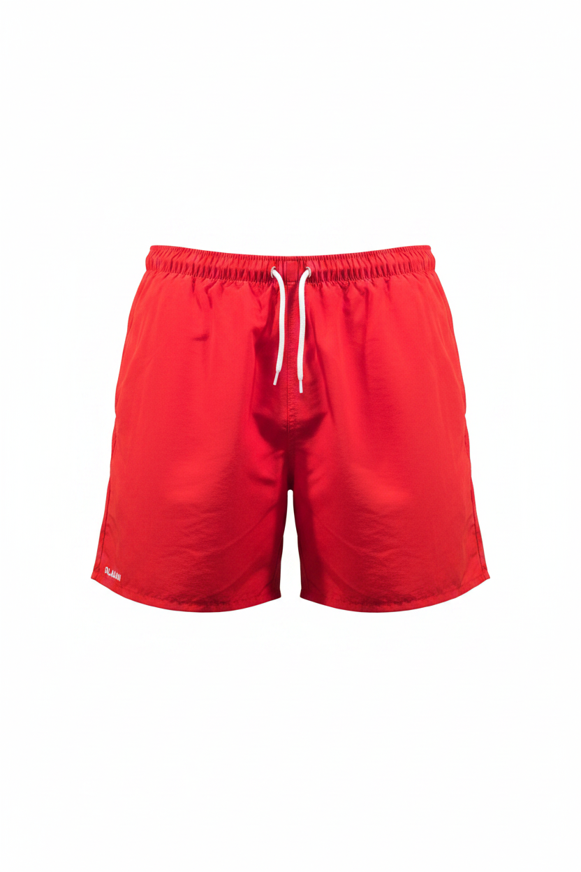 Bañador vintage rojo Olaian short playa cintura elástica cordón blanco ghost mannequin fondo blanco