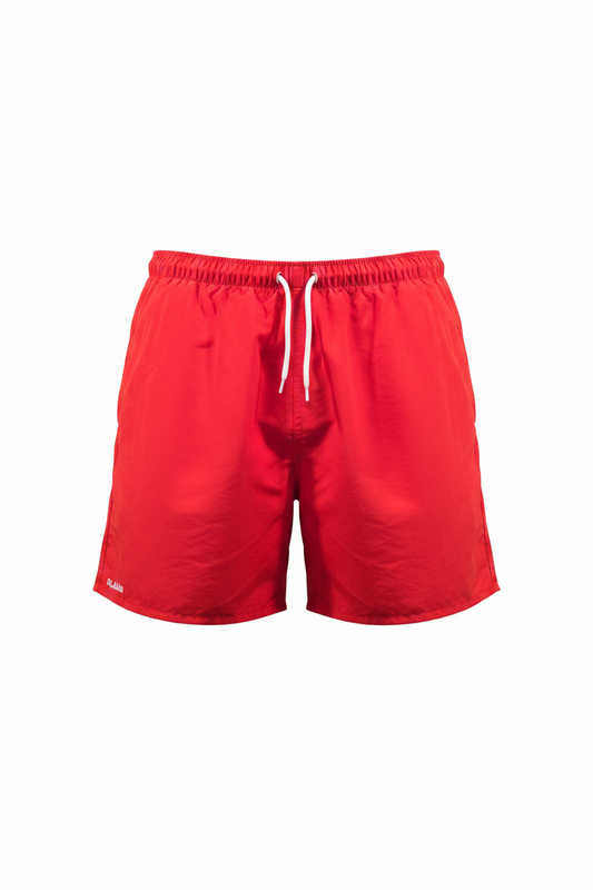 Bañador vintage rojo Olaian short playa cintura elástica cordón blanco ghost mannequin fondo blanco